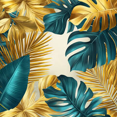 Luxurious Gold and Teal Tropical Leaves Frame