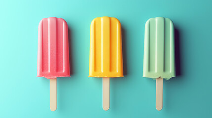 Three Colorful Popsicles on Blue Background