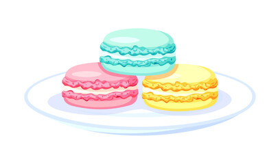 Plate with fresh and sweet macarons in a cartoon style. Vector illustration of delicious macarons with different flavors in a plate isolated on white background. French gourmet dessert. Confectionery.