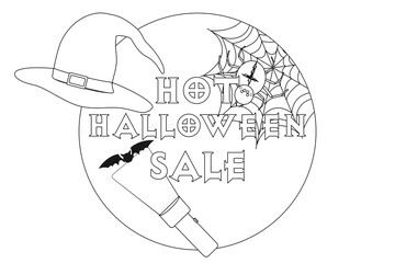 Fun and spooky Halloween sale coloring page featuring a witch hat, spider, and bat. Perfect for kids and adults to enjoy during the Halloween season.
