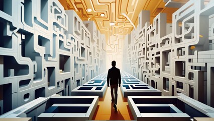 Ejecutivo caminando en un laberinto, representa la toma de decisiones de un empresario o gerente. Mundo de negocios. 