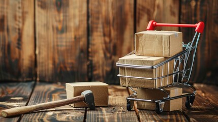 A shopping cart full of boxes is on a wooden surface with a hammer next to it. The hammer is on the ground and the boxes are stacked on top of each other. The scene gives off a sense of chaos