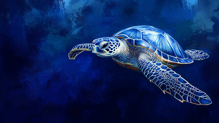 Fototapeta premium Blue turtle swimming in deep blue water.