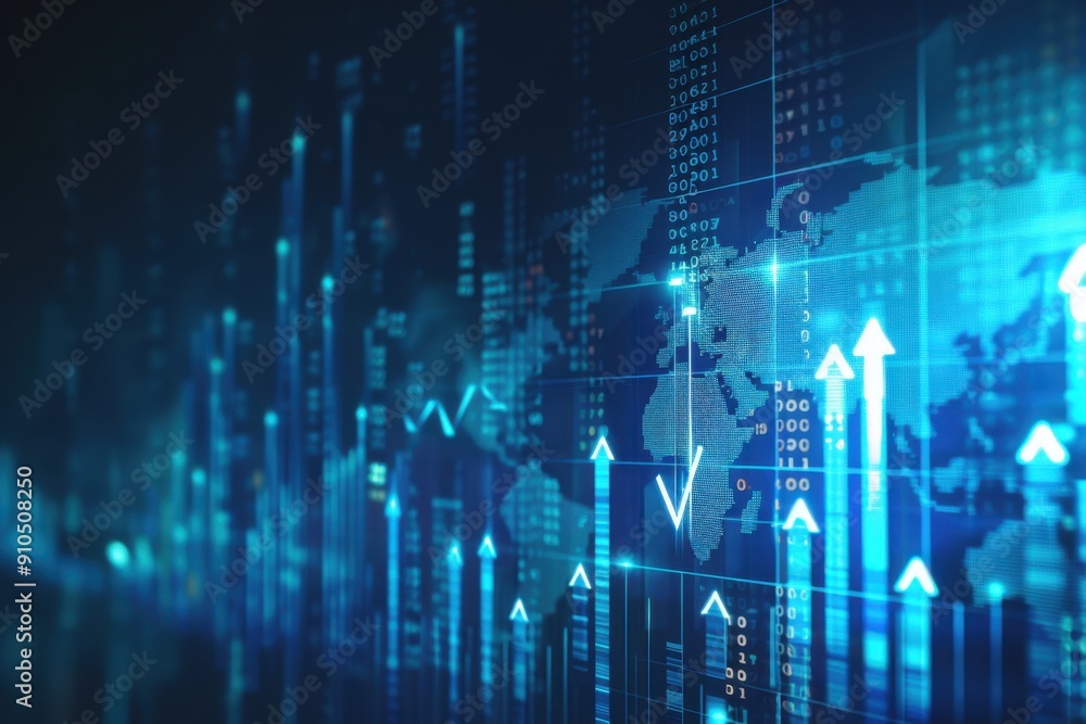 Poster a digital background featuring an upward trending bar graph with arrows pointing upwards, set agains