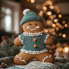 Cute Gingerbread Man in Knitted Sweater and Hat