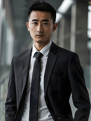 Fototapeta premium young professional Chinese businessman in executive role wearing black suit white shirt slim tie