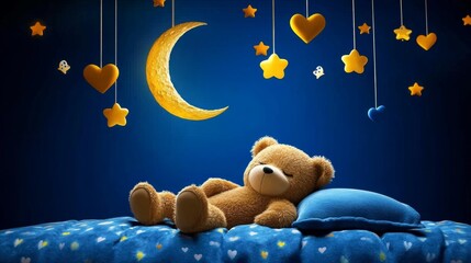 Teddy bear sleeping peacefully in bed under a crescent moon