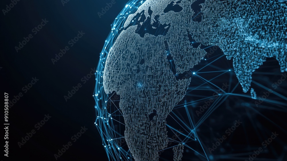 Aufkleber the globe is illuminated with digital connections, showcasing global data networks in a striking blu