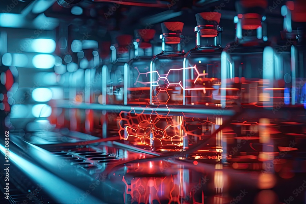 Poster a close up of a bunch of glass bottles with a red and blue background. the bottles are filled with a