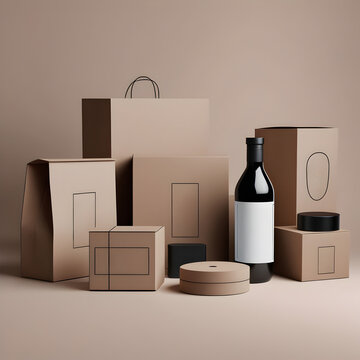 Mockup lote de embalajes de producto cajas bolsas y botella