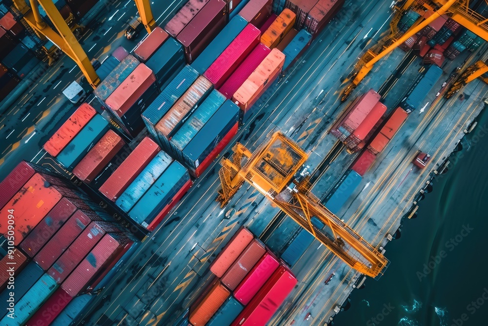 Poster a large number of red and orange shipping containers are stacked in a harbor. the scene is bustling 
