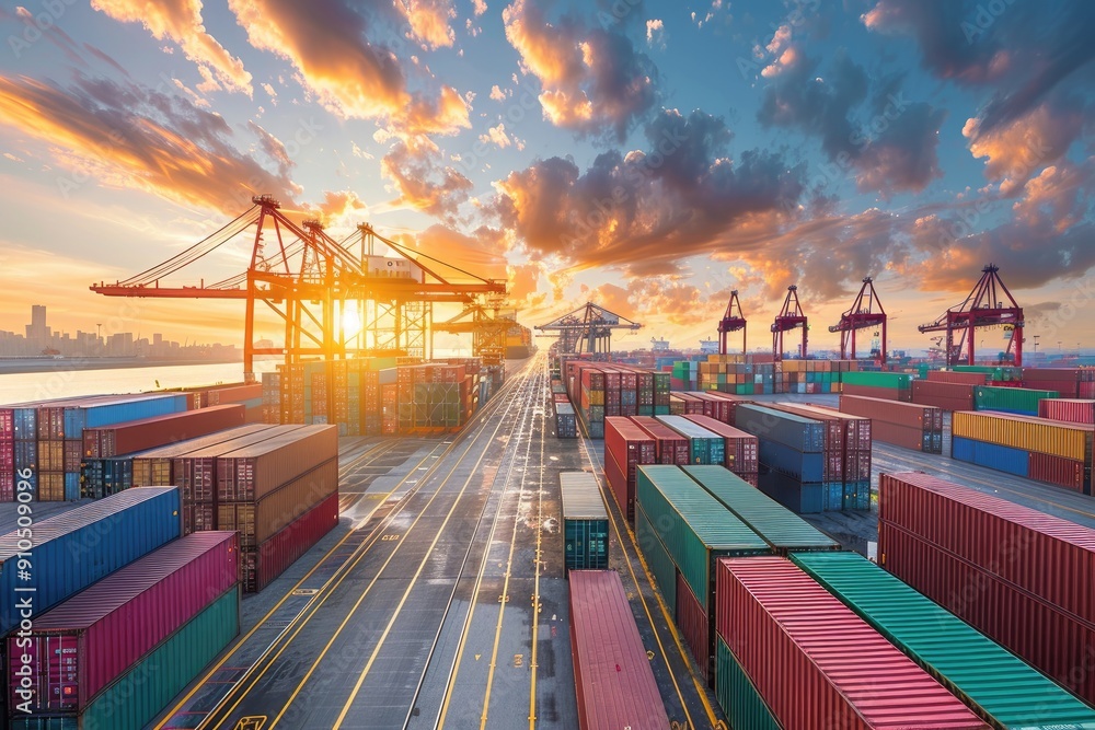 Poster a large number of cargo containers are stacked in a row, with a few of them being red. the sky is cl