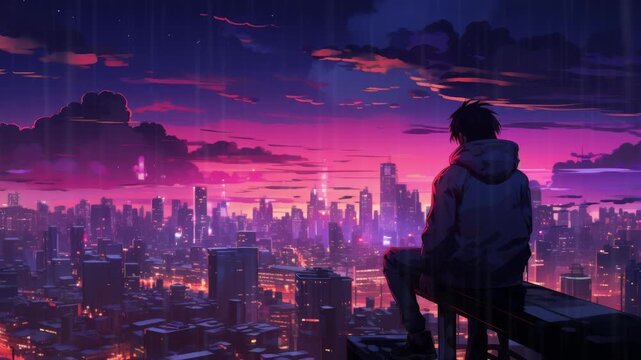 lofi animation of anime boy sitting at night with a vibrant city skyline in the background