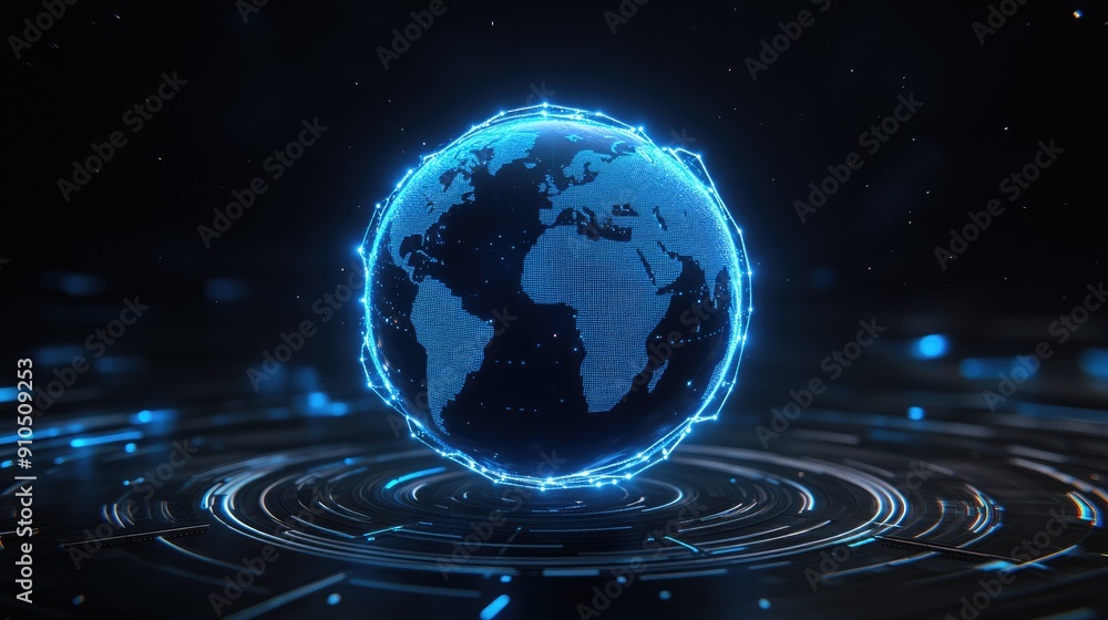 Aufkleber the globe is illuminated with digital connections, showcasing global data networks in a striking blu