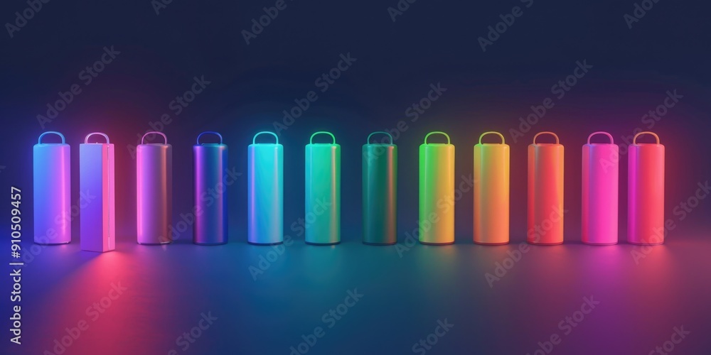 Poster a collection of glowing neon bottles placed on a dark surface