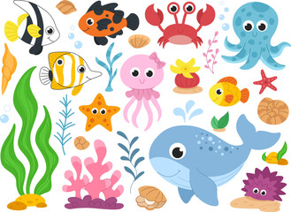 Childrens sea animals set. Cute sea creatures and elements. Fishes, octopus, whale, shells and seaweed. White background.