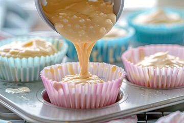 A cupcake is being poured into a pink cupcake liner