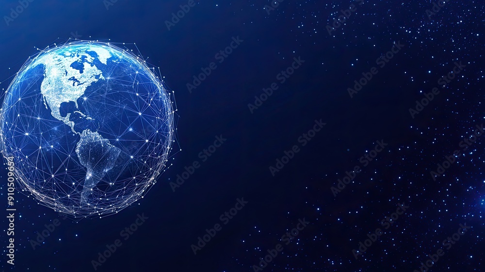 Poster the globe is illuminated with digital connections, showcasing global data networks in a striking blu