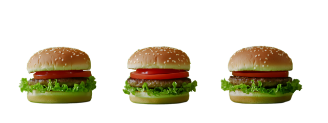 3 separate hamburger, should feature a juicy, perfectly cooked beef patty, fresh lettuce, ripe tomato slices, melted cheese, crispy bacon, pickles, and a dollop of special sauce