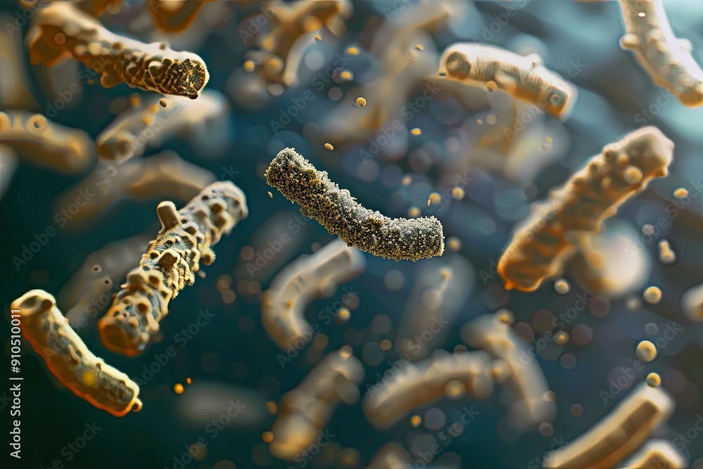 Poster a bunch of bacteria are floating in the air. the bacteria are small and fuzzy, and they are all diff