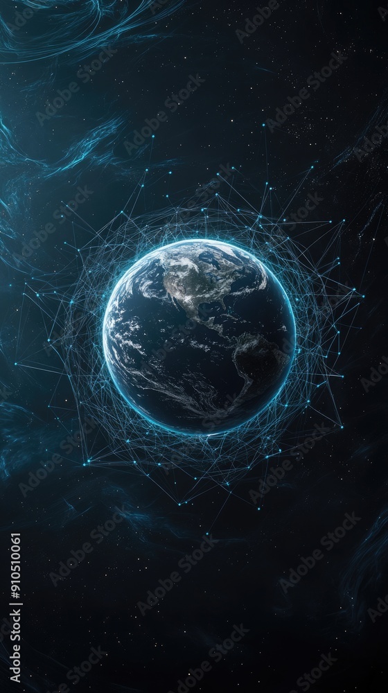 Poster the globe is illuminated with digital connections, showcasing global data networks in a striking blu
