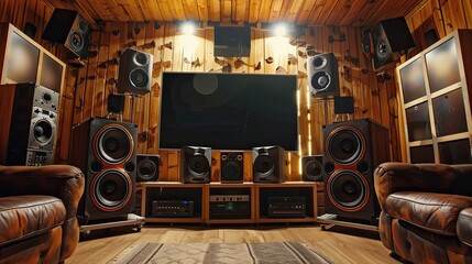 A living room with a large flat screen TV and surround sound speakers. The room is decorated with wood paneling and has a cozy atmosphere