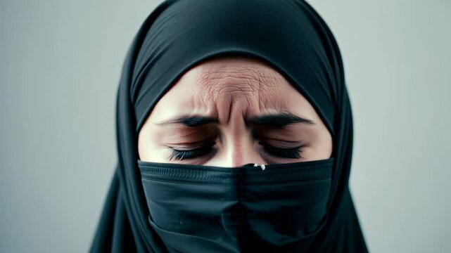 Portrait of a woman in a niqab with an expression of sadness and anxiety on her face.
Concept: religions and culture