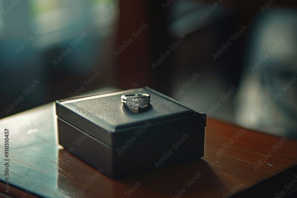 Poster a ring sits on top of a box on a table, ready for display or inspection