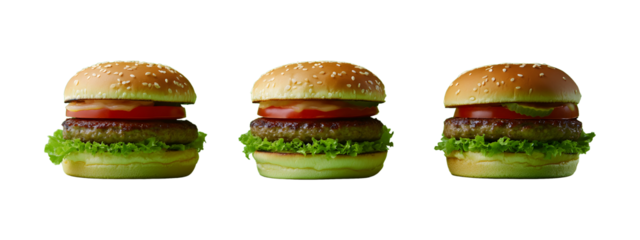 3 separate hamburger, should feature a juicy, perfectly cooked beef patty, fresh lettuce, ripe tomato slices, melted cheese, crispy bacon, pickles, and a dollop of special sauce