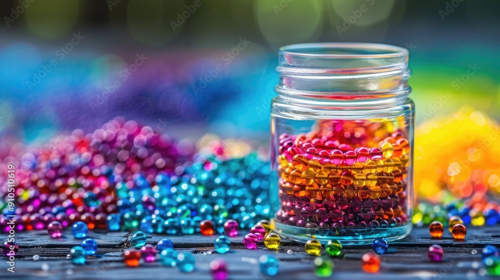 Poster a jar of colorful beads is on a table. the beads are of different colors and sizes, and they are sca