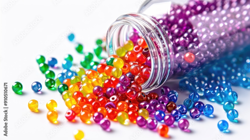 Poster a jar of colorful beads is scattered on a white background. the beads are of various colors and size