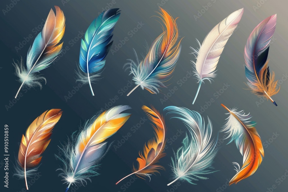 Poster a collection of colorful feathers against a gray background