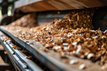 A pile of wood chips is on a conveyor belt