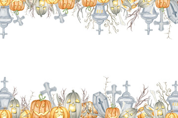Obraz premium Halloween pumpkin frame, border, Hand drawn watercolor path, garland, isolated on white background