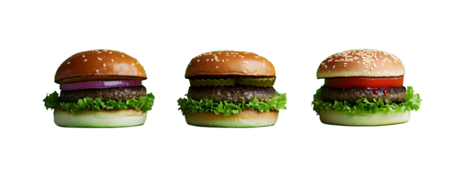 3 separate hamburger, should feature a juicy, perfectly cooked beef patty, fresh lettuce, ripe tomato slices, melted cheese, crispy bacon, pickles, and a dollop of special sauce