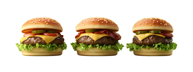 3 separate hamburger, should feature a juicy, perfectly cooked beef patty, fresh lettuce, ripe tomato slices, melted cheese, crispy bacon, pickles, and a dollop of special sauce