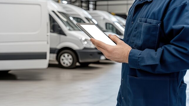 A manager examines a tablet, checking fleet details of white delivery vans parked neatly in a commercial lot under clear blue skies