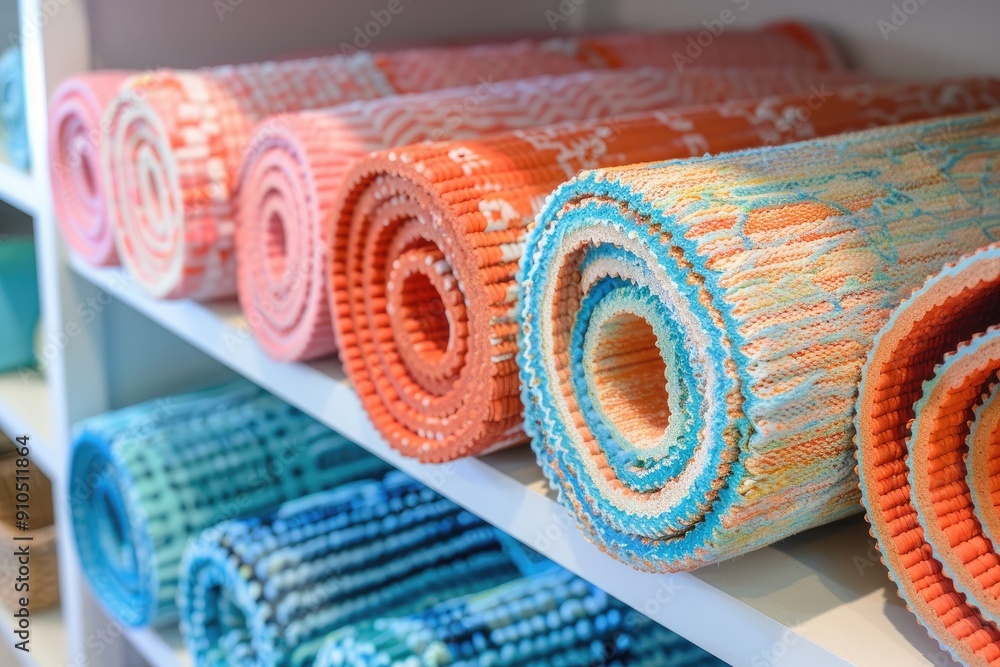 Poster A row of colorful yoga mats are displayed on a shelf. The mats are of different colors and patterns, and they are arranged in a neat and orderly fashion. Concept of organization and variety