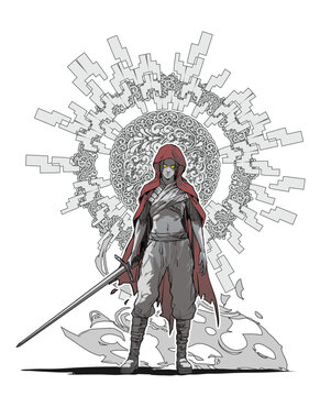 Fototapeta Woman in Red Hood with Sword Against Pattern