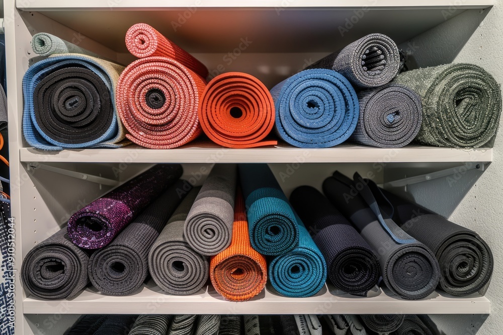 Poster a white shelf with many yoga mats on it. the mats are of different colors and sizes. concept of orga