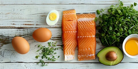 Fresh salmon fillets, soft-boiled eggs, avocado, microgreens, thyme, healthy ingredients arranged on rustic wooden table, preparing nutritious meal.