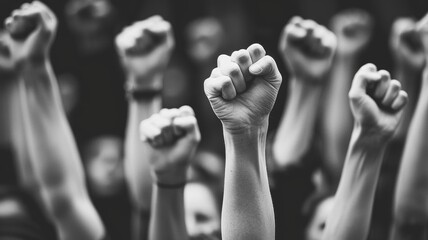 Determined protesters with raised fists, multiracial hands showing unity and strength, black and white image, human rights fight, social justice movement, solidarity, power in numbers.
