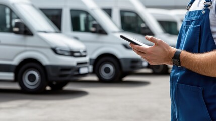A manager examines a tablet, checking fleet details of white delivery vans parked neatly in a commercial lot under clear blue skies