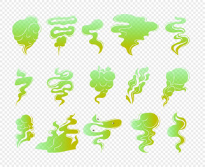 Set of isolated toxic vapors. The smell of spoiled rotten food or poor hygiene of an unwashed body. Stinky smoke. Green fumes, poisonous gas, bad breath, fart smell, clouds of stench, foul odor