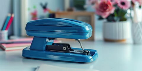 A blue stapler sits on a white desk, ready for use