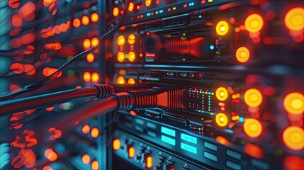 A computer server room with many wires and cables. The wires are red and blue. The room is very busy and colorful