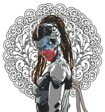 Fototapeta Female Cyborg Portrait on Graphic Pattern