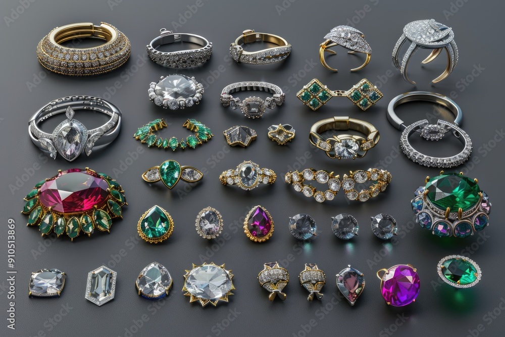 Poster A collection of colorful rings displayed on a table