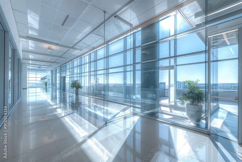 Poster a long hallway with multiple windows and a potted plant inside