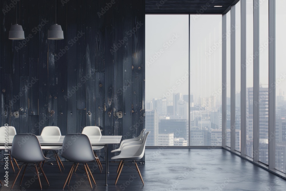 Poster modern white and grey office with a dark blue wood wall, a large window on the right side showing a 
